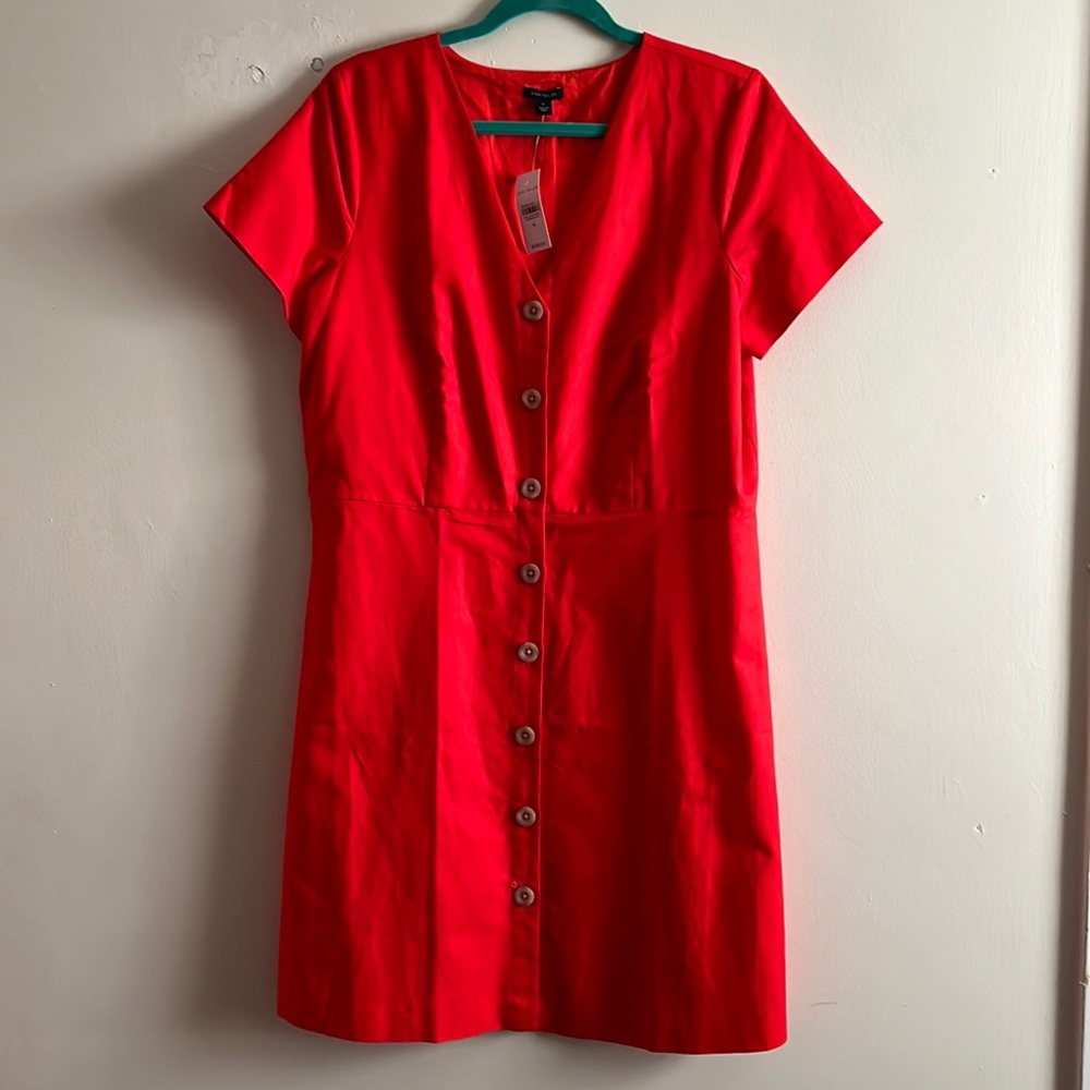 Ann Taylor Bright Red Cotton Linen Shirt Dress Size 14 NWT